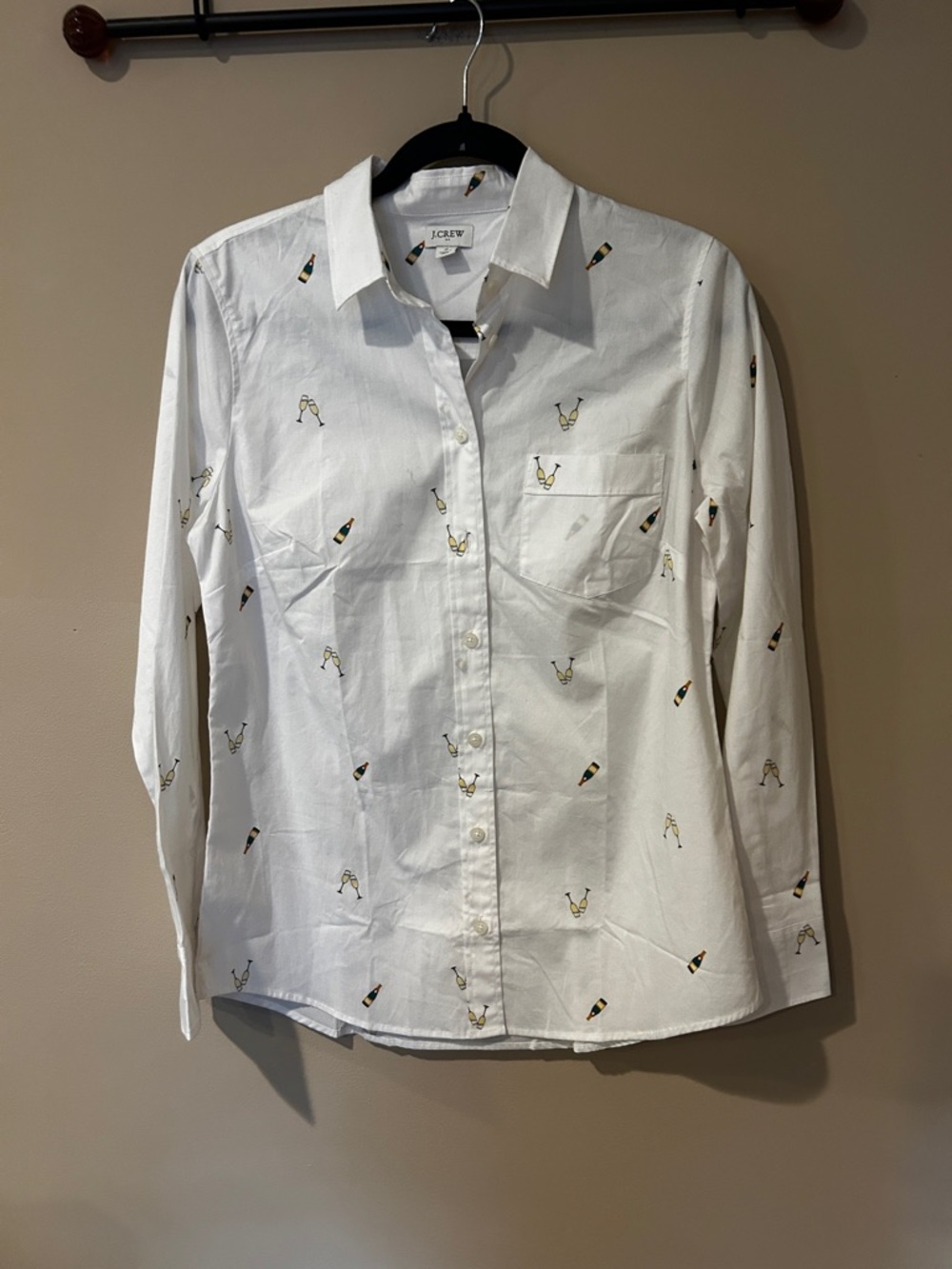 J.Crew White Button-Down Shirt with Champagne Bottle & Glass Motif